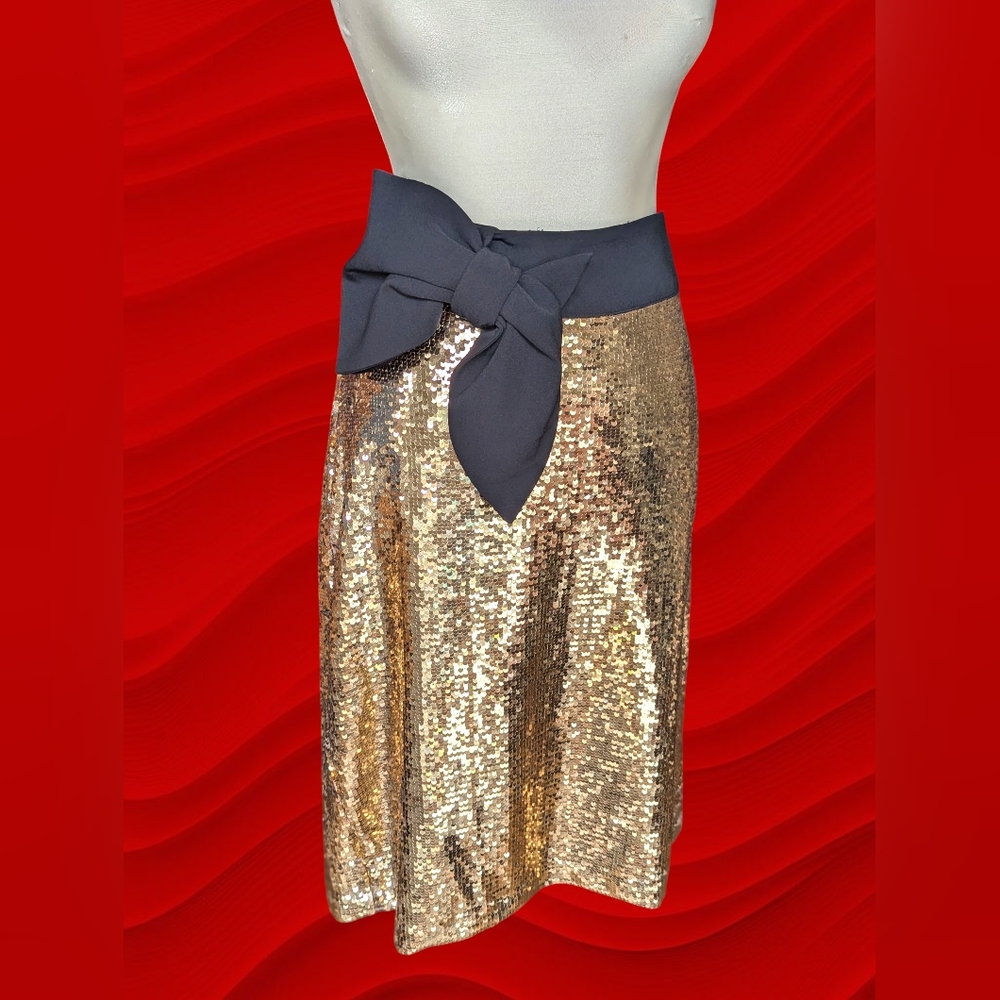 Isaac Mizrahi Gold Sequin Midi Skirt with Oversized Black Bow